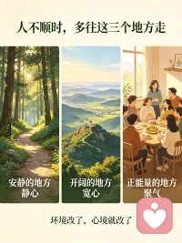 人不顺时，多往这三个地方走

不顺的时候，
去安静的地方静心，
去开阔的地方宽心，
去正能量的地方聚气，
环境改了，心境就改了。