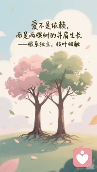 爱不是一场自我牺牲的豪赌，而是一场共同成长的共舞。 最美的爱情，不是藤蔓紧紧缠绕大树，而是两棵独立的树，根紧握在地下，叶相触在云里，共享阳光雨露，也共担风霜冰雪。配图
