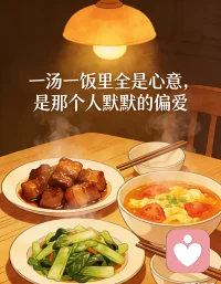 饭桌上，饭菜热气腾腾，温暖了整个夜晚。一汤一饭里全是心意，是那个人默默的偏爱，温柔又绵长，治愈往后每一段平凡日常。