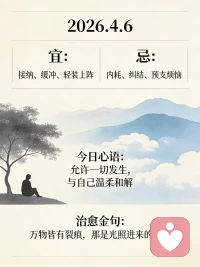 🌿 2026.4.6 心理日签
 
宜：接纳、缓冲、轻装上阵；忌：内耗、纠结、预支烦恼 
 
今日心语：
“允许一切发生，与自己温柔和解。”
 
清明假期尾声，不必强迫自己立刻满血复活 。
 
- 允许自己有节后的小焦虑、小疲惫 
- 接纳情绪的起伏，不评判、不抗拒
- 放下未完成的遗憾，把心轻放回当下
 
治愈金句：
“万物皆有裂痕，那是光照进来的地方。”
不必追求完美，你的不完美，正是生命最真实的模样。配图