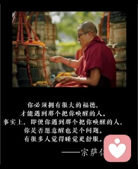 你必须拥有很大的福德， 才能遇到那个把你唤醒的人。 
事实上，即便你遇到那个把你唤醒的人， 
你是否愿意醒也是个问题。 有很多人觉得睡觉更舒服。 
--宗萨仁波切配图