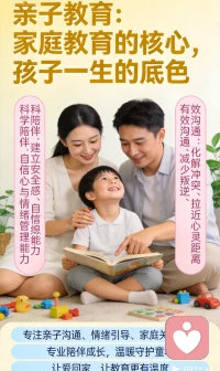亲子教育，是家庭教育的核心，也是孩子一生的底色。
科学的亲子陪伴，能帮孩子建立安全感、自信心与情绪管理能力；
有效的沟通方式，能化解冲突、减少叛逆、拉近心灵距离。
我们专注亲子沟通、情绪引导、家庭关系修复，
用专业陪伴成长，用温暖守护童年。
让爱回家，让教育更有温度。配图