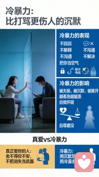 在两性关系里，最伤人、最诛心的，从来不是激烈的争吵，也不是当面的指责，而是冷暴力。
 
它不动手、不骂人，却能一点点把人逼到崩溃。
它是无声的折磨，是沉默的刀。
 
不回应，
你发的消息石沉大海，你说的话无人理睬。
不解释，
明明有误会，却连一句交代都不肯给。
不沟通，
你想好好解决，对方只想逃避。
不解决，
把矛盾晾在那里，让你一个人煎熬。
不搭理，
直接把你当成空气，仿佛你从未存在过。
 
明明两个人近在咫尺，
却像隔着一堵永远敲不响、推不开的墙。
你越着急，越在乎，越想靠近，
对方就越冷漠，越沉默，越疏远。
 
你开始反复怀疑自己：
是不是我做错了？
是不是我不够好？
是不是我太烦人？
是不是我根本不值得被爱？
 
你的情绪被无视，
你的委屈被忽略，
你的不安被放大，
你的自尊被一点点磨碎。
 
冷暴力，从来不是冷静，
而是最自私、最残忍的精神惩罚。
它用沉默当武器，用冷漠做利刃，
在无声中告诉你：
你的感受不重要，你的情绪无所谓，你这个人，不值得我多看一眼、多说一句。
 
真正爱你的人，
再生气也舍不得让你独自不安；
真正在乎你的人，
再难过也不会用消失和冷淡来伤你。
 
一段好的关系，是好好说话，是彼此珍惜，
而不是用沉默，耗尽一个人的真心。
 
如果你也曾被冷暴力伤害过，
如果你心里有委屈没处说，
如果你在深夜里独自崩溃、无人倾听，
我在这里，
安静听你说，认真接住你的情绪，
不评判、不打断、不敷衍，
给你一份久违的温暖与理解。