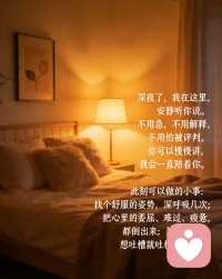 深夜了，我在这里，安静听你说。
不用急，不用解释，不用怕被评判。
你可以慢慢讲，我会一直陪着你。
 
🌙 此刻可以做的小事
 
- 找个舒服的姿势，深呼吸几次
​
- 把心里的委屈、难过、疲惫，都倒出来
​
- 想哭就哭，想吐槽就吐槽，我都在配图