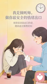 ✨ 你有没有过这样的时刻：
明明心里堵得慌，却对着家人说“我没事”；
明明很委屈，却还要笑着说“没关系”；
明明想大哭一场，却只能在深夜里偷偷抹眼泪。
别再一个人扛了，我在这里。
我是倾听师，我愿意做你最安全的情绪出口，
听你说那些没说出口的话，陪你走过那些难熬的时刻。
你不需要坚强，只需要做你自己。配图