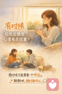 是不是有时你也会感觉心里有点沉重？

每天忙忙碌碌，似乎有些事情总是放不下，脑海里转来转去，不知道该怎么办。有时心情低落，或者对一些事情感到不安，想要去倾诉，却又不知道该找谁

很多时候，问题并不一定要立刻解决，更多的是希望能有个地方、一个人，让你把心里的话说出来。感觉别人理解你，哪怕只是简单的倾听，有时候就能让我们放松很多

你有没有觉得，有时候只是需要一个听众？

有些话，不一定非要得到答案，只要有人听，就能让自己舒服很多。生活中的困扰，有时候并不需要立刻有个“完美”的解决方法，可能只是需要一个愿意听你说说话的空间

这些烦心事，有时你说出来就能感觉轻松不少，不一定要别人给你建议，或者有什么“解决方案”。说出来，你就会发现自己能看清更多，心里也会轻松一些

如果你有心里想说的，随时都可以说
没有压力，轻松聊聊就好。每个人都可以有些低谷，也没有必要独自承受
当你准备好时，随时可以找个安静的角落，谈谈自己的想法