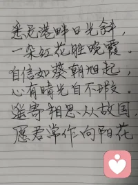 《寄海外游子姐弟同心》
 
少时持甲卫家邦，壮岁经商拓四方。
自许骄阳融世寒，心随葵卉向晴光。
悉尼遥递歌剧院，狼兵同承护道肠。
笑对尘人嘲我痴，胸藏朝日暖肝肠。
浮生聚散如云逝，放下千愁月自长。
海外游子休忘本，故园烟火待君望。
同修大爱疗尘苦，逐光而行万世昌。