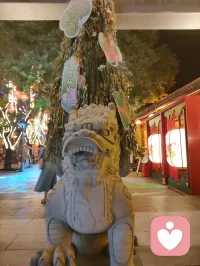 杨柳青古镇门楼巍然，石狮静立两侧，满巷灯笼连成金色灯海。心理学认为，规整温暖的传统场景可稳定涣散心绪，厚重石雕带来踏实的安定感。行走于灯火之下，视线被连片柔光包裹，繁杂思虑慢慢沉淀，古街灯火是抚慰焦虑、安放自我的天然疗愈场。配图