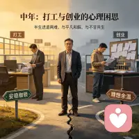 中年：打工与创业的心理困思

人至中年，一半囿于安稳枷锁，一半困于理想余温。
打工是妥协的稳妥，以隐忍换三餐安稳，磨平棱角却难抵内心荒芜；
创业是孤勇的突围，以焦虑搏前路微光，负重前行常被现实磋磨。

半生进退两难，安稳缚住灵魂，冒险裹挟迷茫。中年的修行，终是在现实与本心之间，与平凡和解，与不甘共生。配图