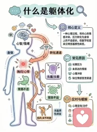 图解“躯体化”：
躯体化（Somatization）：心理压力、情绪冲突无法通过语言表达，转而以真实的躯体症状呈现。医学检查无对应器质性病变或严重程度不匹配 。
属于心理防御机制，本质是情绪的身体化表达 。
躯体化=情绪被压抑→身体替你喊疼。配图