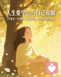 人生要学会与自己和解
两分看淡
三分释怀
五分爱自己
往后余生，善待自己