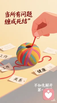 “当所有问题缠成死结，不如先解开第一根线”

解决问题从一件小事开始

生活有时像一团被猫抓乱的毛线，你越想理清，它缠得越紧。工作、关系、健康、未来…所有难题同时涌来，互相拉扯，让人喘不过气。

这时候，别想着“一口气解决所有事”——那不是勇敢，是自我消耗。

试试这样做：

1️⃣ 暂停“全局焦虑”

把纠缠的所有问题写在一张纸上，看着它们说：“我知道你们都在，但今天，我只对付一个。”

2️⃣ 找到“那根线头”

所有乱线里，总有一根稍微松动的。可能是“立刻回一封拖延的邮件”，也可能是“今晚早点睡觉”。选最容易的那件，先完成它。

3️⃣ 用微小行动打破僵局

动手做这件小事，哪怕只花5分钟。当你划掉清单上第一项，改变的不仅是事情本身，更是“我还能做点什么”的掌控感。

纠结不是因为你不够强，而是因为你同时在扛太多方向。

今天，我不劝你“放下”，只提醒你：解开死结的关键，往往不是用力拉扯，而是轻轻抽出第一根线。配图