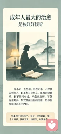 情绪需要被听见，也需要被安放
 
很多时候，我们不是不需要安慰，而是不需要被说教。
 
人这一辈子，总会有一些时刻：心里堵得慌，却不知道该跟谁说；明明很难受，却还要在别人面前装作没事；有太多情绪压在深夜里，翻来覆去，无人知晓。
 
我们习惯了懂事，习惯了坚强，也习惯了把心事藏起来。
 
好像只要不说，就不会被笑话；只要撑住，就不会被看成脆弱。
 
可情绪从来不会因为被压抑而消失。
它只会在某个深夜、某个瞬间、某件小事里，突然翻涌上来，把人淹没。
 
所以，你需要的也许不是一个答案，而是一个可以放心说话的地方。
 
一个不评判你对错的人，一个不指责你脆弱的人，一个愿意听你把话说完的人。
 
在这里，你不必一直坚强。
可以说委屈，可以说难过，可以说迷茫，也可以什么都不说，只是安静地待一会儿。
 
我不会把你的情绪当成矫情，也不会把你的痛苦小题大做。
我会认真听见你的感受，也会陪你把混乱的心事慢慢理清楚。
 
如果你现在正经历这些：
心里有话无人说、压力很大、深夜内耗、关系困扰、情绪低落、觉得没人理解自己。
 
别一个人硬扛。
把心事交给一个安静的倾听者，让情绪有处安放，也让内心慢慢恢复平静。
