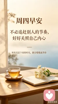 周四早安🌿
不必追赶别人的节奏，好好关照自己内心。
所有沉淀下来的时光，都会慢慢滋养你。