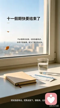 十一倒计时🔚
假期快要落幕，不必慌慌张张。
该休息的已经休息，该调整的慢慢调整。
把松弛感带走，把焦虑放下。
新一段日常，慢慢来，也很好。