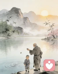 弟子总在抱怨：
“我明明已经很努力，为何还是不快乐？”
 
师父带他来到湖边，捡起一颗石子扔进水里。
湖面泛起涟漪，一圈圈散开，又慢慢归于平静。
 
弟子不解。
 
师父说：
“你看这湖水，
风来，起浪；风去，无痕。
它不与风对抗，也不把涟漪留在心里。
人心亦是如此，
事来则应，事去则静，
你不把烦恼留住，它便伤不了你。”