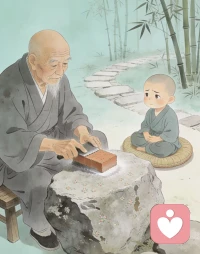 小和尚日夜打坐，以为这样就能成佛。
老和尚拿起一块砖，在石头上反复磨。
小和尚问：“师父磨砖做什么？”
老和尚：“磨成镜子。”
小和尚笑：“砖怎能磨成镜？”
老和尚放下砖：
“打坐岂能成佛？
佛不在姿势，在觉悟；
心不开悟，坐枯骨也无用。”