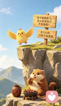 现在黄鼠狼早就不给鸡拜年了，拜年多麻烦，人家也与时俱进，换了套路。它在鸡经常觅食的悬崖边立了两块牌子，一块写着你不展翅高飞，怎么知道自己不是雄鹰？另一块写着全力以赴，方能不留遗憾。然后黄鼠狼就在崖底下天天过上有肉吃有酒喝的好日子。
为什么？因为每天都有鸡从悬崖上往下跳，有摔断胳膊的，有摔断腿的，还有摔成脑震荡。日复一日，年复一年，无数只鸡通过自己的努力大胆尝试突破自我，终于成了黄鼠狼餐桌上的美味。你不努力一下，都不知道自己有多好吃。配图