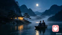 青山浮翠水含烟，一叶扁舟共比肩。
闲看云生千嶂里，人间清乐是同船。
🌹青山叠翠，薄雾漫江，竹林掩映着闲静小屋。一叶乌篷小船，载着两个人缓缓行于碧波之上。世间万般繁华，都抵不过这样一份安安稳稳的相伴，山水有情，岁月温柔。