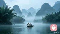 青山浮翠水含烟，一叶扁舟共比肩。
闲看云生千嶂里，人间清乐是同船。
🌹青山叠翠，薄雾漫江，竹林掩映着闲静小屋。一叶乌篷小船，载着两个人缓缓行于碧波之上。世间万般繁华，都抵不过这样一份安安稳稳的相伴，山水有情，岁月温柔。
