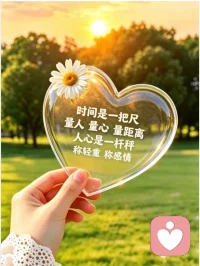 手心里捧着这颗透亮的心，就像捧着一段慢慢沉淀的时光。原来时间从不是无声的，它像一把温柔的尺，悄悄丈量着人心的远近与真假；而人心，本就是一杆最诚实的秤，那些藏在细节里的在意与敷衍，早就在不知不觉中，称出了感情的重量与温度。夕阳漫过草地，风里带着雏菊的清香，也带着一句话：真诚的人，永远不怕被时间看清。配图