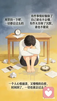 “再坚持一下吧，一切都会过去的，有些事情好像除了自己谁也不会懂，有些无奈除了沉默，谁也不能说，一个人心情崩溃，又慢慢的自愈，时间到了，一切也就会过去了。”