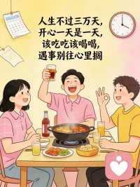 人生不过三万天，开心一天是一天，该吃吃、该喝喝，遇事别往心里搁。配图