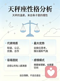 天秤座习惯换位思考，害怕冲突，习惯性迁就所有人。
心里积攒再多委屈，也不愿主动诉苦，
反复纠结、左右权衡，长期陷入无尽内耗。
 
感情、婚姻、人际关系有心结，无处诉说？
可以放心和我好好聊聊❤️