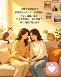 同性感情想要长久，和异性恋本质一样，靠的是真心、信任、担当，只是要多面对一些外界压力，所以更需要用心经营。
 
平时多沟通，不冷战、不猜忌，有矛盾及时说开，别让误会堆积。彼此尊重边界，不控制、不绑架，也不因为缺乏安全感就反复试探。
 
外界的不理解难免会有，两个人要统一立场，互相撑腰。一起规划未来，有共同的目标和生活节奏，经济独立、精神独立。
 
只要两个人坚定选择彼此，愿意包容、妥协、一起扛，这份感情同样可以稳定、长久、踏实幸福。配图