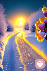  冬雪初晴，暖阳漫过雪路，郁金香悄悄探头，藏着寒冬里的温柔与希望。落雪的黄昏，夕阳为雪路镀上金边，风雪里也藏着温柔的花。配图