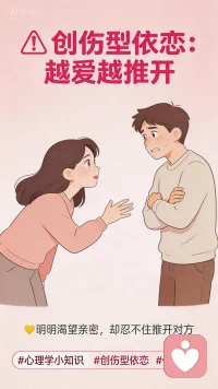 你有没有这样的时刻——
明明心里很想依赖对方，可一旦关系变近，就莫名地想逃；
对方几天没联系，你坐立难安，但当他热情回应时，你又下意识冷下来；
吵架后一边说“你走吧”，一边在心底尖叫“别走”……

这未必是“性格差”或“不够爱”，而可能是 创伤型依恋 在悄悄操控你。

📌 什么是创伤型依恋？
它并非一种诊断标签，而是指：由于早期（童年或过往亲密关系）持续或严重的忽视、拒绝、虐待或情绪不稳定，导致个体在成年后的亲密关系中，形成一种 矛盾、恐惧、混乱的依恋模式。

简单说：你的身体和情感记忆把“靠近他人”与“受伤”划上了等号。
可人类对联结的渴望又是本能，于是你被卡在——
🔹 靠近 → 警报响起：“危险！会受伤！”
🔹 远离 → 警报又响：“孤独！会死掉！”

🧠 典型表现：
▸ 过度敏感：对方稍微冷淡，立刻解读为“抛弃前兆”；
▸ 反复测试：故意提分手、拉黑，只为看对方会不会追回来；
▸ 情绪过山车：上一秒甜蜜依恋，下一秒厌恶疏离；
▸ 自我谴责：关系出问题后极度自责，却控制不了下次再犯。

📮 创伤型依恋不是终生判决。那些曾为生存而生的铠甲，终可以在安全的关系中，一件件卸下。