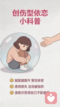 你有没有这样的时刻——
明明心里很想依赖对方，可一旦关系变近，就莫名地想逃；
对方几天没联系，你坐立难安，但当他热情回应时，你又下意识冷下来；
吵架后一边说“你走吧”，一边在心底尖叫“别走”……

这未必是“性格差”或“不够爱”，而可能是 创伤型依恋 在悄悄操控你。

📌 什么是创伤型依恋？
它并非一种诊断标签，而是指：由于早期（童年或过往亲密关系）持续或严重的忽视、拒绝、虐待或情绪不稳定，导致个体在成年后的亲密关系中，形成一种 矛盾、恐惧、混乱的依恋模式。

简单说：你的身体和情感记忆把“靠近他人”与“受伤”划上了等号。
可人类对联结的渴望又是本能，于是你被卡在——
🔹 靠近 → 警报响起：“危险！会受伤！”
🔹 远离 → 警报又响：“孤独！会死掉！”

🧠 典型表现：
▸ 过度敏感：对方稍微冷淡，立刻解读为“抛弃前兆”；
▸ 反复测试：故意提分手、拉黑，只为看对方会不会追回来；
▸ 情绪过山车：上一秒甜蜜依恋，下一秒厌恶疏离；
▸ 自我谴责：关系出问题后极度自责，却控制不了下次再犯。

📮 创伤型依恋不是终生判决。那些曾为生存而生的铠甲，终可以在安全的关系中，一件件卸下。