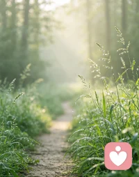 清晨温柔柔光，林间小路向前延伸，微风拂动花草，干净治愈，整体浅淡柔和色调，氛围感安静治愈