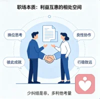 职场并非单纯论对错讲道理的场所，本质是利益互惠的相处空间。遇事少纠结是非输赢，多站利他视角考量处事，懂得换位思考、彼此成就，方能维系良性协作，在行稳致远中收获自身价值。配图