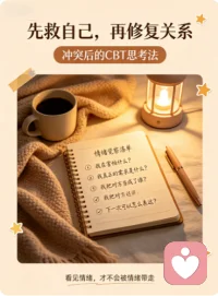 冲突后别急着道歉！CBT 教你先救自己

吵架后你是不是也急着修复，怕对方离开？其实，你急着和好的背后，藏着 “我会被抛弃” 的灾难化思维。

CBT 告诉我们，先别向外求，向内看才是关键。冲突时的失控，往往是你未被看见的情绪在呐喊。别急着道歉，先问自己：
我当时真正的需求是什么？是被理解，还是想掌控？
真正的修复，不是消除恐惧，而是看见自己。当你不再把对方当成救命稻草，而是两个平等的个体，关系反而会更稳。配图