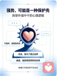 职场 “外强中干” 型同事，其实藏着很深的不安全感??
你身边是不是也有这样的同事？对着平级和下属寸理必争、攻击性拉满，转头对着领导和陌生人却秒怂，连话都不敢说。
这其实是典型的 【防御性攻击】，也是心理学里的 “假性强势”。她的攻击性，从来不是为了赢，而是为了掩盖内心的自卑和不安。
在熟悉的工作场景里，她只能用强势、寸步不让来建立边界，假装自己不好惹，用 “硬壳” 保护脆弱的内核；但面对权威和陌生人时，她的防御机制瞬间失效，真实的胆怯就暴露无遗。
她不是坏，只是没学会用柔软的方式保护自己。这种矛盾的行为背后，是长期的自我价值感不足，只能通过 “攻击” 来获得掌控感。
和这类同事相处，不用硬碰硬，也不用刻意讨好。就事论事、保持边界，不被她的情绪带着走，就是最舒服的距离配图