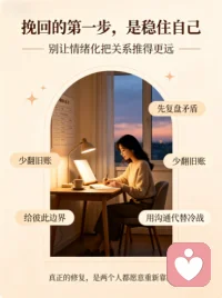 婚姻挽回｜讨好换不回真心，修复靠的是清醒自省
很多人挽回婚姻时一味放低姿态卑微迁就，可真正的修复核心从来不是讨好。
先冷静复盘长久积压的矛盾，暂且搁置输赢对错，收敛失控的情绪，建立清晰舒适的相处边界。
别反复拉扯旧事互相内耗，学着看见对方藏在日常里的付出。不必急于强求感情瞬间复原，循序渐进重建破碎的信任。
用平和沟通替代冷战对峙，彼此包容、双向迁就，濒临破碎的婚姻，才能慢慢找回安稳松弛的状态。配图