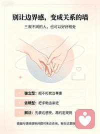 【三观不同 + 边界感冲突？这样相处不内耗】

很多人说三观不合别谈恋爱，但其实差异本身不是问题，没找对方法才是。
先分清底层差异：
你：独立型人格，把 “不打扰” 当尊重
对方：依赖型人格，把 “求助” 当亲近
可直接用的相处公式：
温和表达：“我不是不想帮你，只是需要一点缓冲时间”
明确规则：约定 “非紧急事提前说，紧急事再直接找我”
双向适配：你学着接受依赖，他学着尊重边界

婚姻与情感遇到问题可来访咨询，我在这里陪伴你！配图