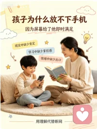 孩子手机成瘾，本质是一场心理需求的代偿性满足。

当现实生活中，孩子无法获得足够的关注、成就感或掌控感时，就会转向手机的即时反馈系统 —— 短视频的刺激、游戏的等级、社交平台的点赞，都在快速填补他的心理空缺。

强行戒断只会让孩子陷入更强烈的焦虑与对抗，只有看见成瘾背后的情绪困境，帮他重建现实中的价值感与抗挫力，才能真正走出成瘾循环，突破成长瓶颈。配图