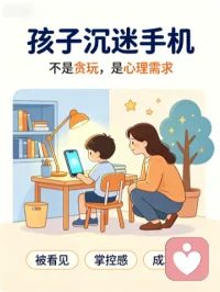 孩子手机成瘾，本质是一场心理需求的代偿性满足。

当现实生活中，孩子无法获得足够的关注、成就感或掌控感时，就会转向手机的即时反馈系统 —— 短视频的刺激、游戏的等级、社交平台的点赞，都在快速填补他的心理空缺。

强行戒断只会让孩子陷入更强烈的焦虑与对抗，只有看见成瘾背后的情绪困境，帮他重建现实中的价值感与抗挫力，才能真正走出成瘾循环，突破成长瓶颈。配图