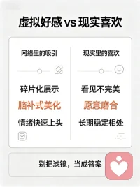 为什么我们总更容易爱上 “网络里的 TA”
其实你爱上的，从来都不是真实的他，而是被你亲手美化过的 “理想滤镜”。
隔着屏幕，你看不到他不修边幅的日常，看不到他情绪失控的瞬间，只能接收到他精心筛选的温柔、恰到好处的幽默。再加上聊天时的同频共鸣，很容易让你把自己对亲密关系的所有期待，都投射到这个虚拟形象上。
现实里的感情要磨合、要包容、要面对一地鸡毛，而网络里的暧昧却永远是高光时刻。这种低成本的情绪价值，才最容易让人上头。