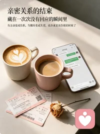 亲密关系的结束，从来都不是突然的

不是哪一次争吵、哪一条消息，而是无数个 “算了” 的瞬间攒够了失望。
是你主动分享日常，却只收到敷衍的回应；
是你满心欢喜邀约见面，却总被一次次推脱；
是你反复确认爱与不爱，却只看到对方越来越远的背影。
你开始变得小心翼翼，怕她烦、怕她厌，连主动都要在心里演练无数遍。
你不再像自己，却又舍不得那个曾经热烈付出的自己。
真正的告别，是你终于意识到：
一段关系如果需要你用委屈和内耗去维持，就算再喜欢，也该体面退场了