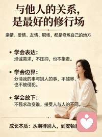和身边人相处，本就是一场修行。亲情、爱情、友情、职场往来，处处都是修炼自己的地方。
试着大胆说出内心想法，别一味隐忍，也别动辄指责。守住相处的边界，分清彼此的事，不插手他人生活，也不让别人随意打扰自己。学着接纳人与人的差异，不强求改变谁。慢慢就会明白，成长就是不再对他人抱有过高期待，把日子过安稳，先安顿好自己的心。配图
