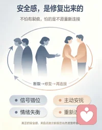 亲密关系从没有零冲突的完美状态，安全感恰恰诞生在一次次互动断裂与主动修复中。相处难免出现情绪错位、回应失当，让彼此心生隔阂。主动安抚、坦诚沟通、低头和解，就是最好的修复。经历过裂痕又重新靠近，才会确信：矛盾不会打散我们，这份关系永远值得信赖。配图