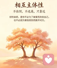 在亲密关系里，很多人都卡在失衡的状态里。有的人一谈恋爱就弄丢自己，事事围着对方转，没了主见和原本的生活；有的人满心防备，刻意拉开距离，不敢交付真心。还有人更纠结，明明特别渴望温暖陪伴，可真正靠近时，又下意识想要退缩逃离。其实好的感情，本就是保有自我的同时，安心与彼此相拥。配图