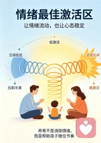 养育孩子，要帮他找到情绪的最佳状态。
情绪太过平淡麻木，孩子会不愿表达、封闭内心；若是过度激动、崩溃失控，又容易冲动行事。
保持适度的情绪张力，既能感知喜怒哀乐，又能稳住心态。引导孩子处在这个舒适区间，学会感知情绪、掌控情绪，内心才能丰盈又强大。配图