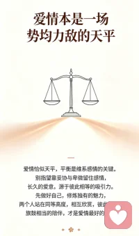 爱情本是一场势均力敌的天平
爱情恰似天平，平衡是维系感情的关键。别指望靠妥协与卑微留住感情，长久的爱意，源于彼此对等的吸引力。
先做好自己，修炼独有的魅力，两个人站在同等高度，相互欣赏、彼此靠近。旗鼓相当的陪伴，才是爱情最好的模样。配图