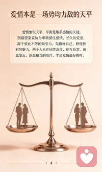 爱情本是一场势均力敌的天平
爱情恰似天平，平衡是维系感情的关键。别指望靠妥协与卑微留住感情，长久的爱意，源于彼此对等的吸引力。
先做好自己，修炼独有的魅力，两个人站在同等高度，相互欣赏、彼此靠近。旗鼓相当的陪伴，才是爱情最好的模样。配图