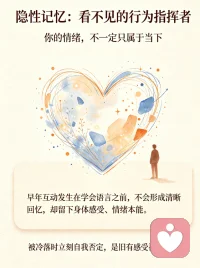 隐性记忆：看不见的行为指挥者
早年互动多发生在学会语言之前，不会形成清晰回忆，只留下身体感受、情绪本能。
表现：成年后遇到相似场景，会莫名紧张、心慌、退缩、愤怒，却说不清原因 ， 这就是隐性记忆在触发旧有模式。
如：被冷落时立刻陷入自我否定，不是理性判断，是早年被忽视的感受被唤醒。配图