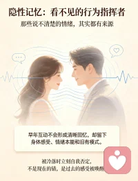 隐性记忆：看不见的行为指挥者
早年互动多发生在学会语言之前，不会形成清晰回忆，只留下身体感受、情绪本能。
表现：成年后遇到相似场景，会莫名紧张、心慌、退缩、愤怒，却说不清原因 ， 这就是隐性记忆在触发旧有模式。
如：被冷落时立刻陷入自我否定，不是理性判断，是早年被忽视的感受被唤醒。配图